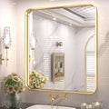 TETOTE 32 x 36 Inch Brushed Gold Frame Mirror, Bathroom Vanity Mirror for Wall, Modern Rectangle Round Corner Matte Framed Mirror (Horizontal/Vertical)