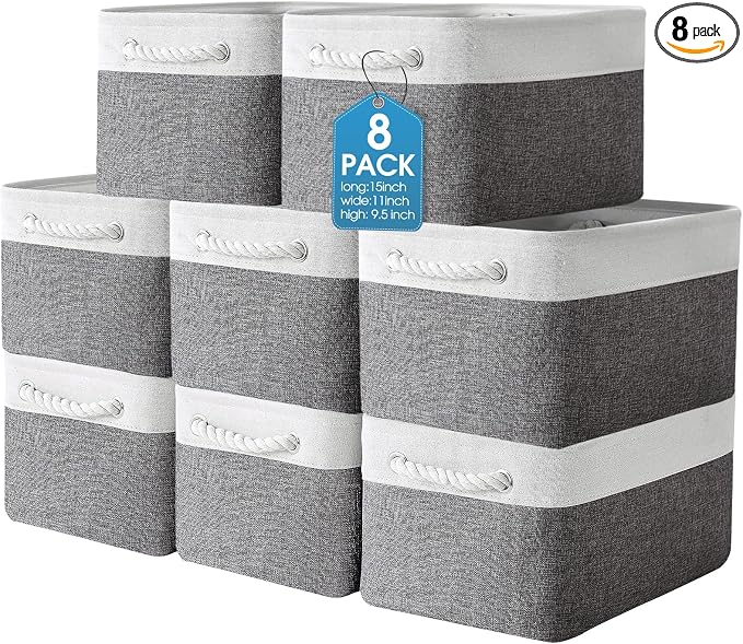 meekoo 8 Pack Collapsible Storage Bins Fabric Storage Bins Polyester Fabric Baskets with Handles Linen Closet Organizer for Shelf Home Closet Towels Toys(15 x 11 x 9.5 in,Gray White)