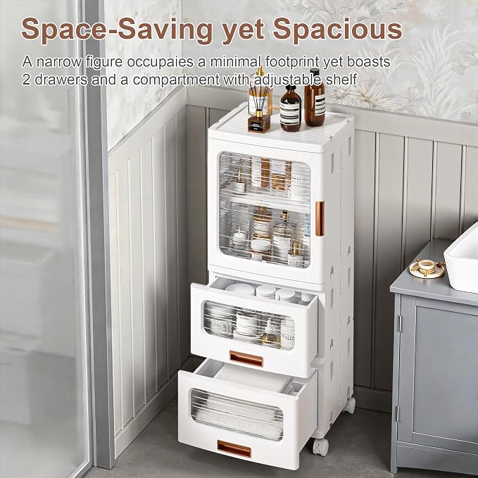 VECELO Narrow Bathroom Storage Cabinet with 2 Drawer, Foldable Storage Organizer with Movable Wheels and Adjustable Shelf for Small Space, Kitchen, Laundry, White