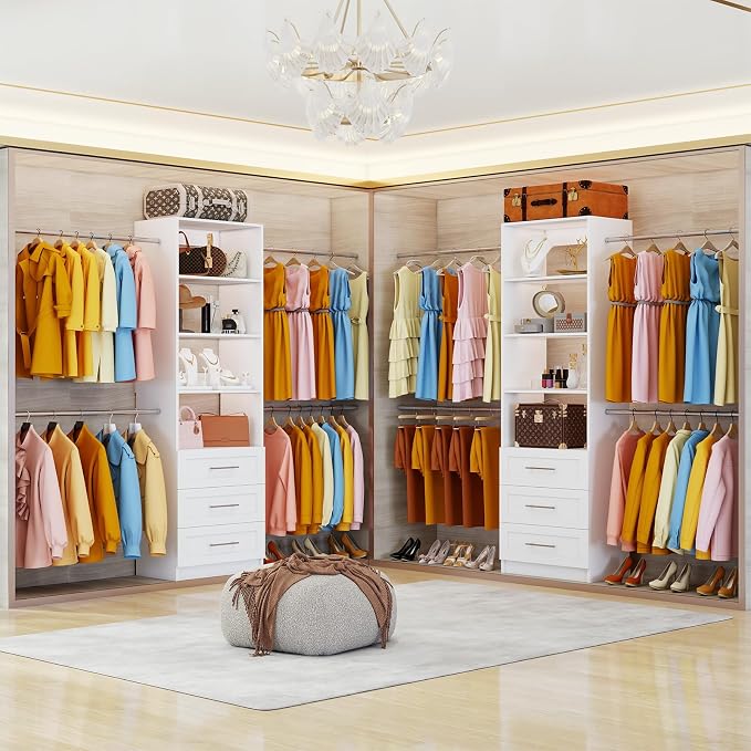 Closet System with 6 Drawers, 5FT-15FT Custom Closet Organizer System Modular Walk in Closet Storage Wooden System with 8 Expandable Hanging Rods Adjustable Shelves 2 Sets White