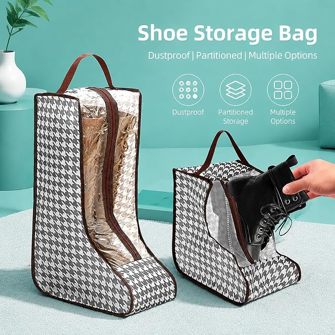 Boot Storage Bag Organizer,Dustproof Boot Bags for Cowboy Boots,Portable Travel Shoe Protector Bags,Tall Boot Covers Storage Organizer for Packing (1 Short + 2 Long Houndstooth)