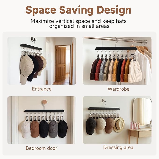 StorageWorks Hat Organizer 4 Pack, Black Cap Hanger Rack with 10 Clips