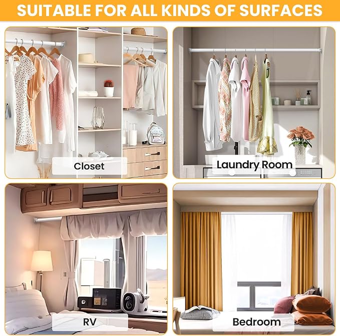Closet Rods for Hanging Clothes, 17-54 Inch No-Cut Stepless Adjustable Closet Rod, 1.3 Inch Heavy Duty Metal Closet Hanging Rod with Brackets, White Closet Bar for Closet, Laundry Room, RV, Wardrobes