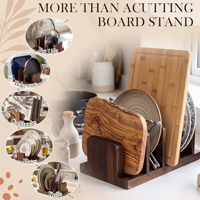 Mifoci 2 Pack Acacia Wood Cutting Board Holder, Kitchen Rack for Cutting Boards, Lids, Bakeware Storage, Countertop Pan & Tray Holder with 3 Slots, Plate Organizer for Cabinet, Baking Sheets
