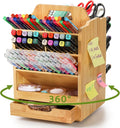 SOUJOY Bamboo Pen Holder Organizer, 360°Rotating Art Supply Storage Caddy, Hold 400+ Pencils, 15 compartments Office Desk Stand Box with Handle for Marker Pens, Colored Pencil, Art Brushes