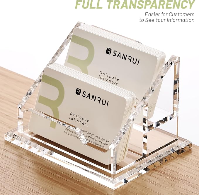 SANRUI Acrylic Business Card Holder, 2 Tier 2 Pocket Clear Business Card Stand ,Horizontal Business Card Display Stand for Exhibition, Home and Office