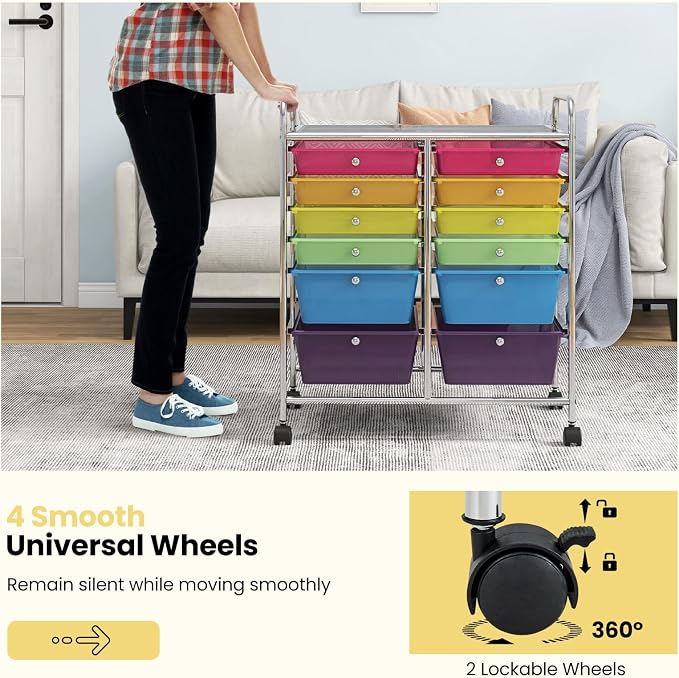 BECOMFORT 12-Drawer Rolling Cart with Drawers, Storage Cart on Wheels, Teacher Classroom Organizers with Metal Frame, Mobile Craft Cart, Trolley Utility Cart for School Office Play Room