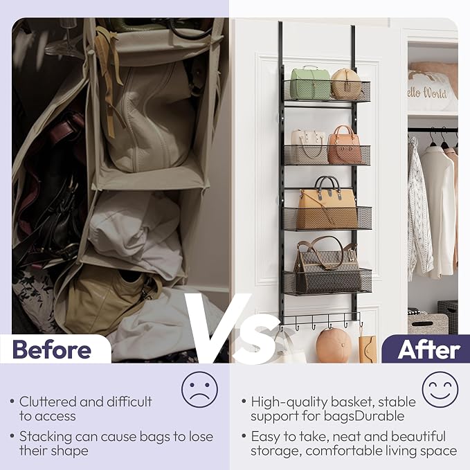 SWTYMIKI Over the Door Purse Organizer - Wall Mounted Purse Rack with 4 Adjustable Metal Basket and 6 Hooks, Hanging Bag Rack for Handbag Organizer, Bag Storage Can Use As 1/2 Part, for Door