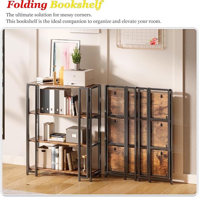 UDD 4 Tier Wide Folding Bookshelf No Tools Assembly, 34.5" H x 30.9" W, Foldable Book Shelf Vintage Collapsible Bookcase, Industrial Storage Shelves for Bedroom Office Living Room, Rustic Brown Black