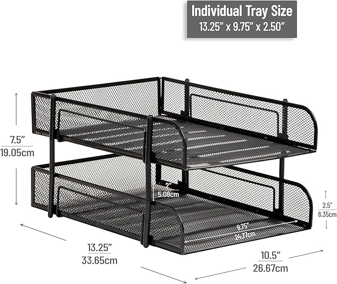 Mind Reader Paper Tray, Desk Organizer, Stackable, Storage, Office, Metal Mesh, 10.5" L x 13.25" W x 7.5" H, Set of 2, Black
