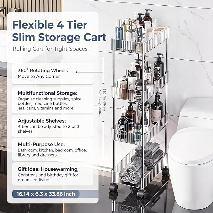 Sooyee Slim Rolling Storage Cart, 4 Tier, Clear | Bathroom Rolling Utility Cart Storage Organizer, for Office Bathroom Kitchen Laundry Room Narrow Places