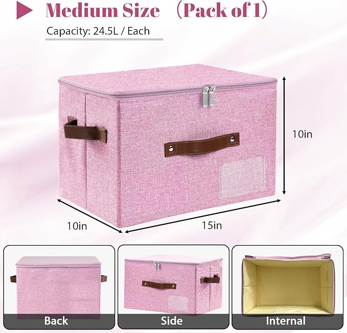ANMINY Fabric Storage Box Bins with Zipper Lid, Washable Pink | Cotton Linen Fabric, PP Board Frame, Label Holder, Stackable & Foldable, PU Handles, Dual-Zipper 3-Side Open Lid, Medium
