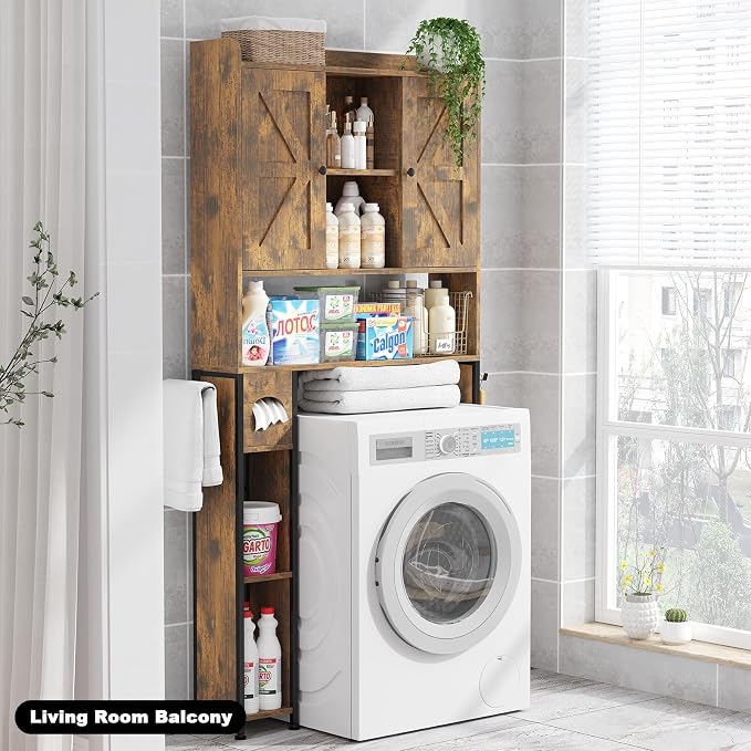 EasyCom Over The Toilet Storage Cabinet with Metal Frame and 7 Storage Shelves, Bathroom Organizer with Adjustable Shelves and Paper Holder, Farmhouse Storage Cabinet for Bathroom,Laundry,Rustic Brown