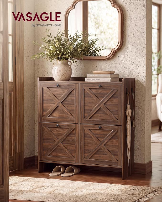 VASAGLE Shoe Storage Cabinet Organizer with 4 Flip Drawers, Freestanding Narrow Shoe Rack Cabinet for Entryway, Farmhouse Style, Fits 14 to 16 Pairs, Chestnut Brown UHSC403KX01