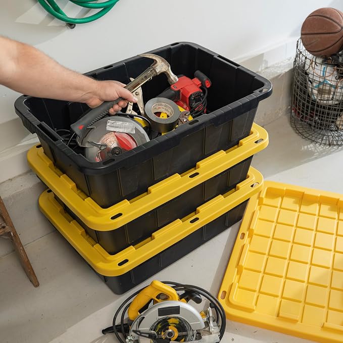 CX BLACK & YELLOW�, 15-Gallon Heavy Duty Tough Storage Container & Snap-Tight Lid, (9.5�H x 20.6�W x 30.6�D), Weather-Resistant Design and Stackable Organization Tote [5 Pack]