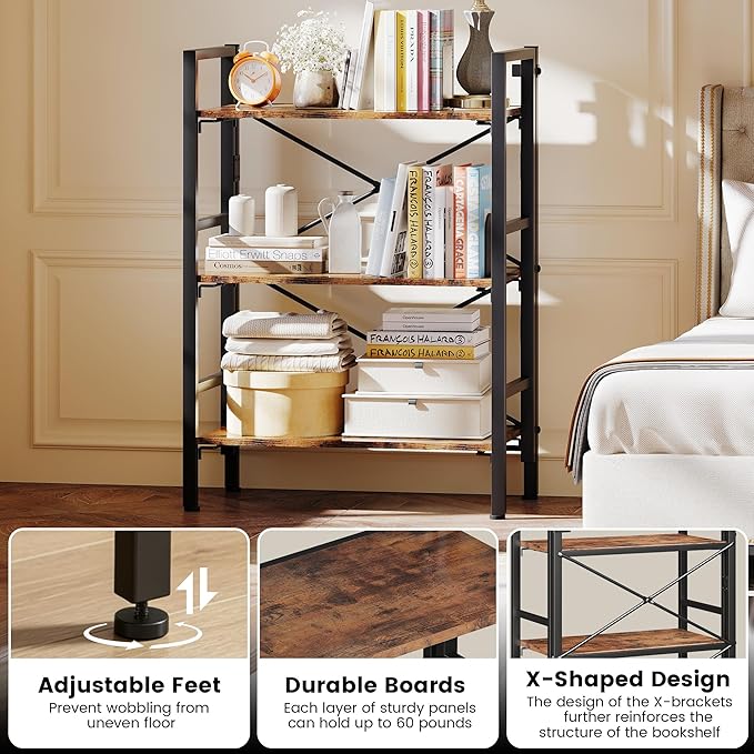 Homeiju Folding Bookshelf No Assembly, 3 Tier Bookcase Foldable Shelf with X-Bracket Design, Adjustable Feet, Space Saving Storage for Living Room, Office (Rustic Brown)
