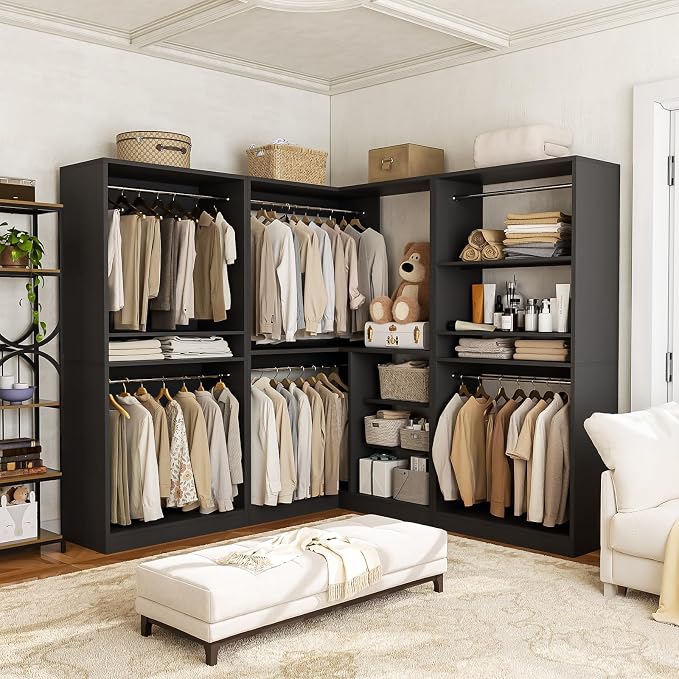 Unikito 108” Corner Closet System, 3-Piece L-Shaped Closet Organizer with 2 Closet Towers and 1 Corner Unit, Heavy Duty Wood Garment Rack with 6 Hanging Rods, Freestanding Walk-in Wardrobe, Black