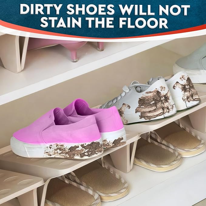 4 Pack Stacking Shoe Organizer for Shelf 10x8.7 in – Double Layer Space Saving Shoe Dividers for Shelves – Footwear Riser for Heels Under 4.7", Sneakers & Flats Storage for Small Closets, Dorms, Apts