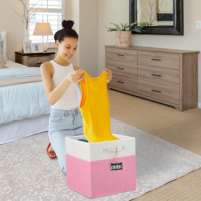 Foldable Fabric Storage Cubes 4 Pack - 13x13x13 - Linen Cubes for Kallax Shelves (White, Pink) with Labels