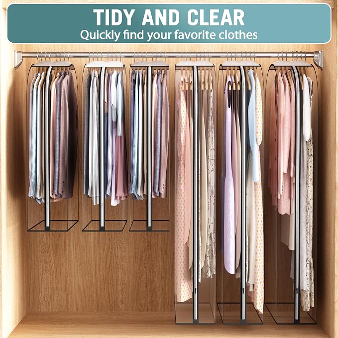 Liuoud Clear Garment Bag for Hanging Clothes 10” Gusseted, 40&60” Suit Bags for Open Closet Storage Plastic Clothes Cover for Coat, Dress, Shirts, Fur, Jacket, Wardrobe Protectors, 6 Pack