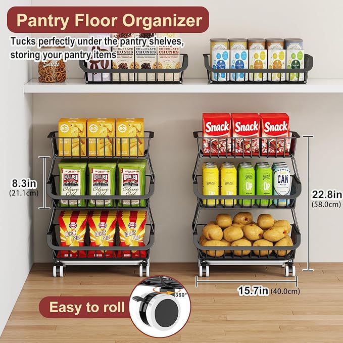 3-Tier Rolling Pantry Cart with Wheels, Stackable Wire Storage Floor Organizer for Kitchen Pantry Snack Shelves, Fruit Basket Stand, Vegetable Storage Rack for Food Snacks Onion Potato