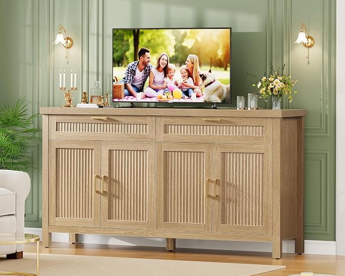 usikey 63" Buffet Cabinet with Storage, 2 Adjustable Shelves and 2 Drawers | Large Sideboard Cabinet, Modern Fluted Coffee Bar for Kitchen, Living Room, Natural