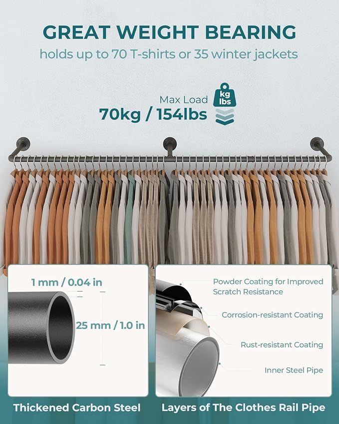 OROPY 65.7" Heavy Duty Industrial Pipe Clothes Rack for Hanging Clothes 2PK | Wall Mounted Clothes Bar, Space Saving Iron Garment Rack, Multi-Purpose Hanging Rod for Bedroom, Closet, Black, 3 Base