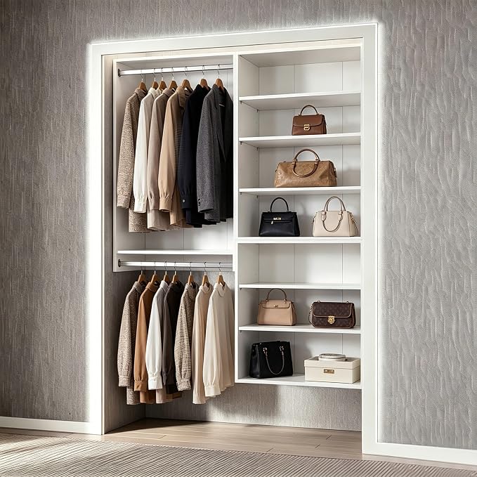 31.5" Double Hanging Closet Module, White MDF Closet Organizer System with 2 Aluminum Hanging Rods, Wall-Mounted Wardrobe Storage for Shirts, Pants, Coats, Bedroom, Walk-In Closet Unit