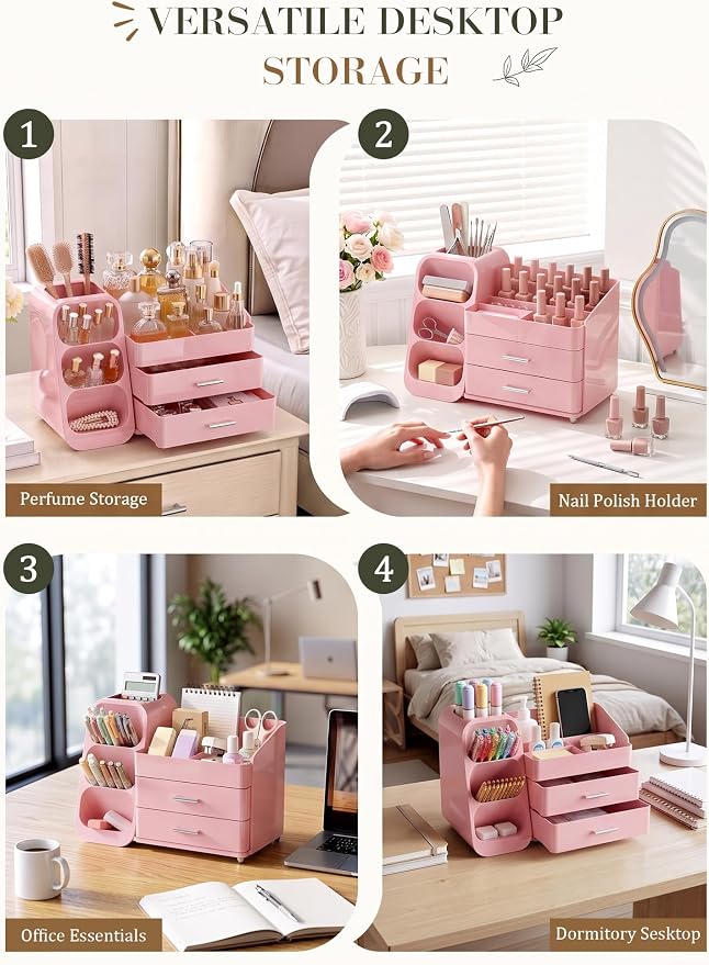 Makeup Organizer with Drawers,Large Capacity Countertop Organizer for Vanity,Bathroom and Bedroom Desk Cosmetics Organizers,Easy To Storage Skincare,Brushes,Lotions (All Pink)