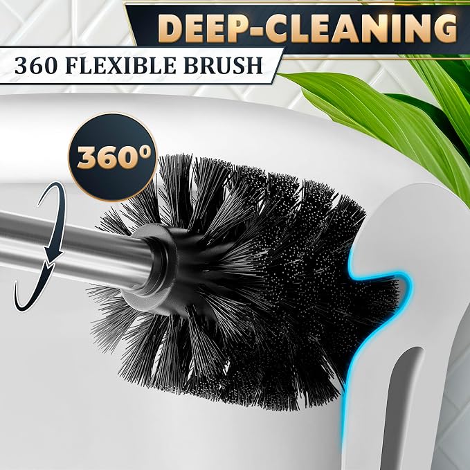 Stainless Steel Toilet Brush and Holder Set, Splash Guard (Silver) | Toilet Bowl Brush and Holder, Removable Inner Bowl, Dense Bristles, Long Handle, Scratch Resistant, for Modern Bathrooms