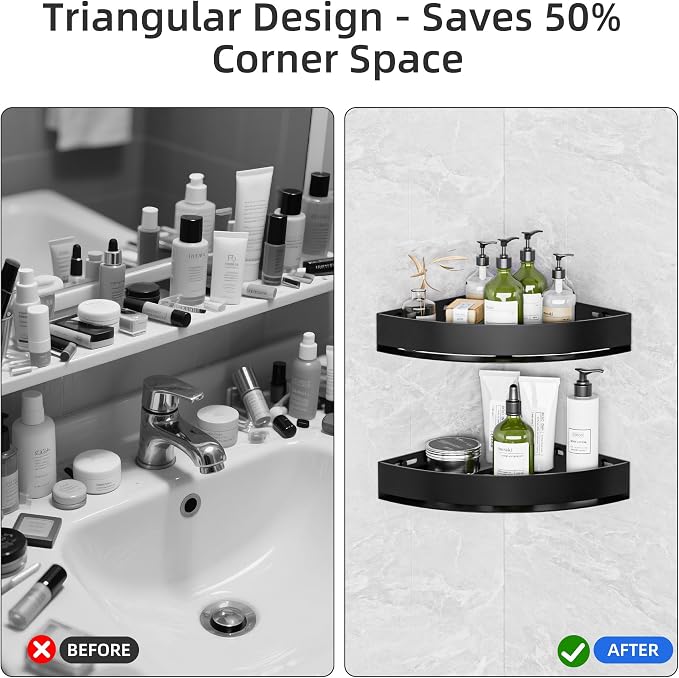Wisfame Black Corner Shower Caddy, Triangle Shower Shelf No Drilling, Metal | Rustproof Aluminium, Adhesive & Drill Installation, Wall Mounted, 2 Pack, Bathroom Shampoo Holder for Toiletries
