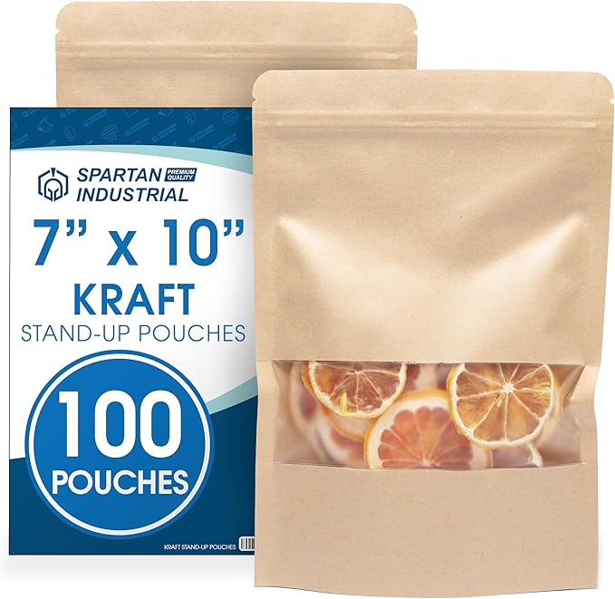 Spartan Industrial - 7" X 10" Kraft Stand-Up Pouch Bags - Pack of 100 Large Smell-Proof Bags for Bulk Food Packaging, Homemade Treats, Bath Products, and More