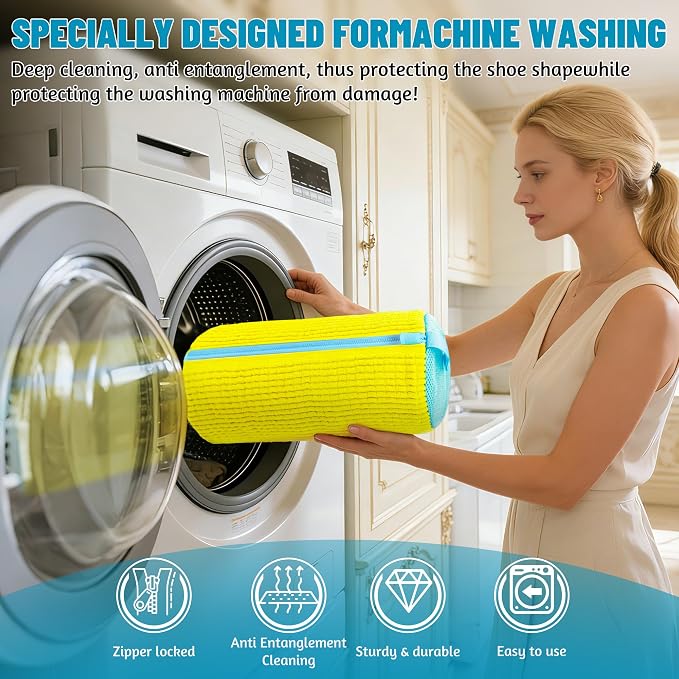 Set of 2 Reusable Shoe Laundry Bags, 360° Deep Clean, Noise-Reducing Sneaker Washing Bags for Machine Wash, Protect Shoes & Washer Drum, Anti-Skid Zipper, Durable Chenille Interior