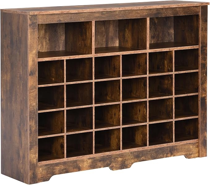 Harper & Bright Designs Sleek Design 24 Shoe Cubby Console, Modern Shoe Cabinet with Curved Base, Versatile Sideboard for Hallway, Bedroom, Living Room, Rustic Brown