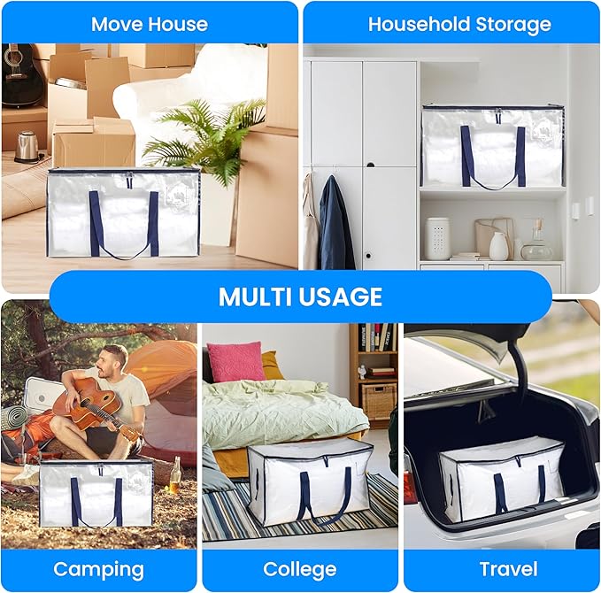 Simple Deluxe 4 Pack Extra Large Moving Bags with Lids, Reinforced Handles and Zippers, Heavy Duty Storage Tote for Moving Travel Camping Space Saving, White
