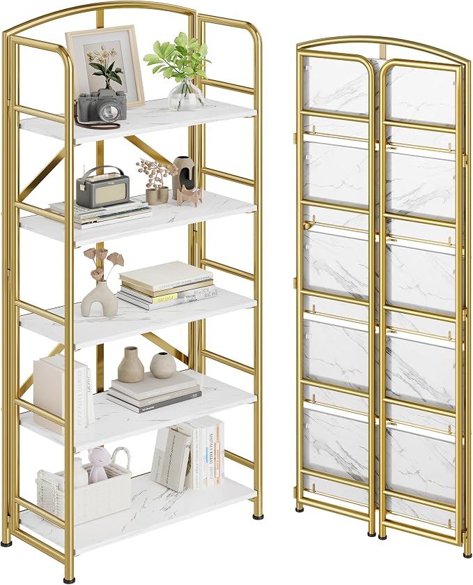No Assembly,Gold Folding Bookshelf 5 Tiers, Vintage Storage Rack,Brown&Gold | Bookcase Vintage Multifunctional Plant Flower Stand, Storage Shelves Organizer for Home Office,Living Room,Dorm