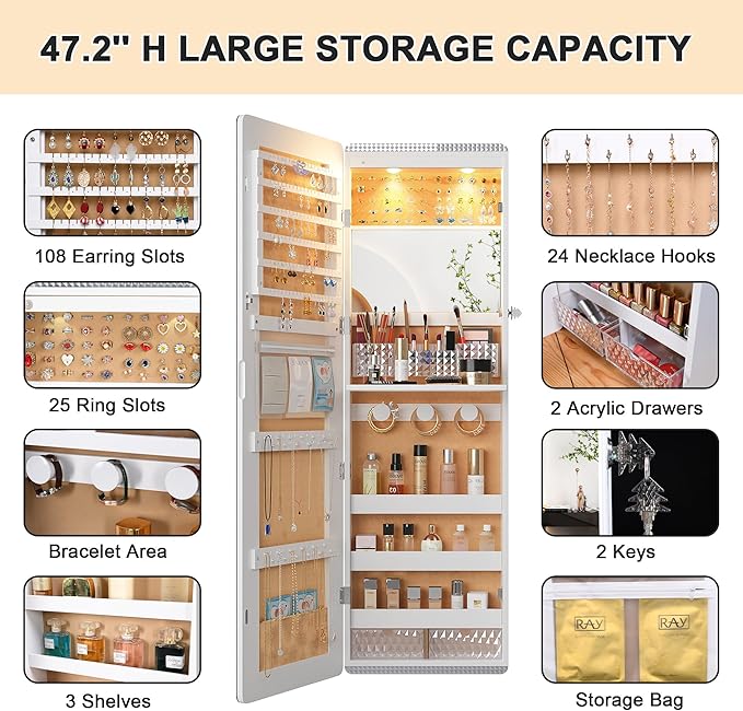 Lvifur 47.2" LED Jewelry Mirror Cabinet,Lockable Wall/Door Mounted Full Length Mirror with Storage, Over the Door Hanging Jewelry Organizer-2 Drawers,Foldable Shelf, Built-in Lighted Mirror (White)