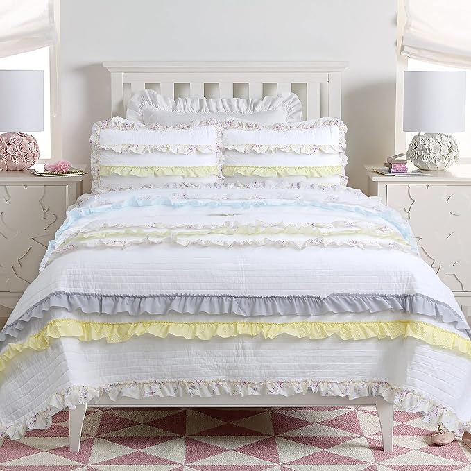 Cozy Line Home Fashions Light Yellow Blue Ruffle Stripe Floral 100% Cotton Reversible Girl Quilt Bedding Set, Reversible Coverlet Bedspread for All Season (California Dreaming, Twin-2 Piece)