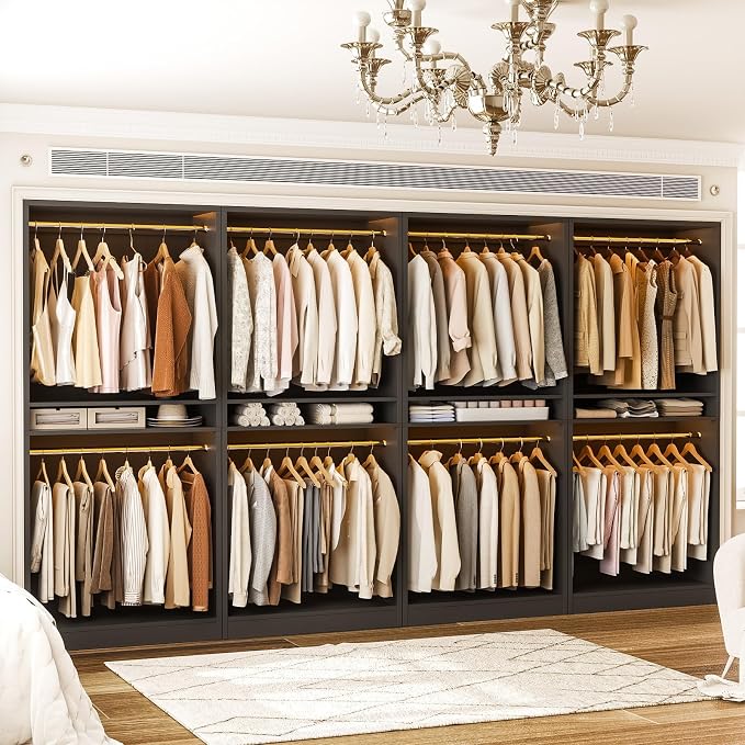 Unikito 12FT Modular Closet System with 8 Hanging Rods, 2800LBs Wood Garment Rack, 4-Pieces Ultra-Wide Walk-in Closet Organizer, Freestanding Clothing Shelves, Black