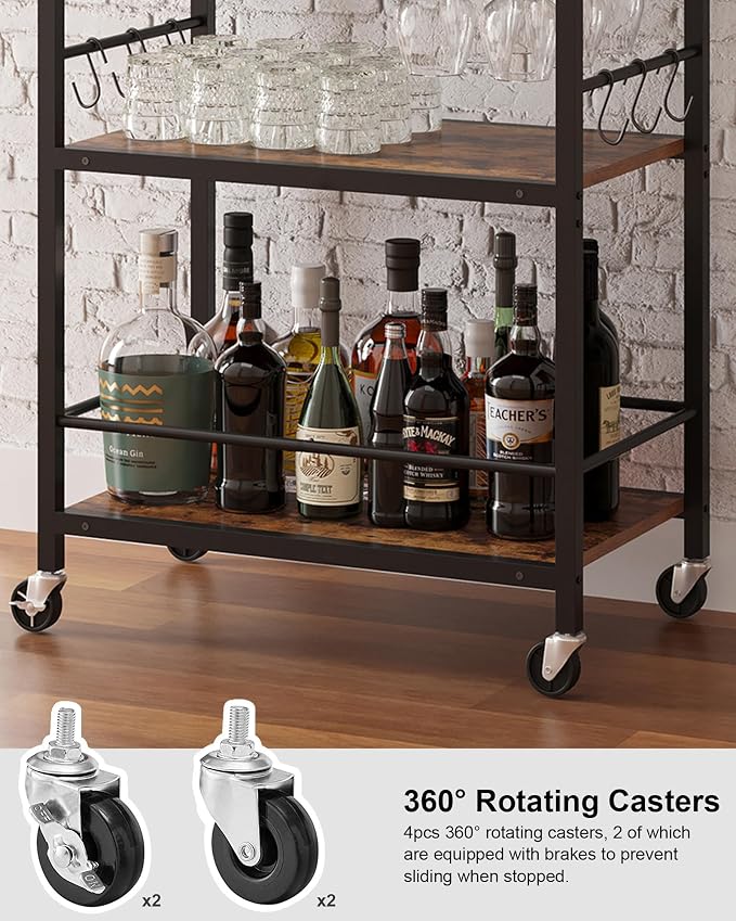 TUTOTAK Bar Cart with Wheels, Drink Cart with Wine Rack and Glass Holder | 3-Tier 17 Inch Wide Home Bar Serving Carts, Small Mobile Kitchen Shelf with 6 Hooks, Rustic Brown BC01BB032