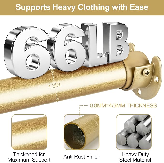 Adjustable Closet Rod for Hanging Clothes, 17-54inch Heavy Duty Metal tension clothes rod，1.3Inches Closet Pole with Hardware Kit for Closet Organization Laundry Room RV, Gold