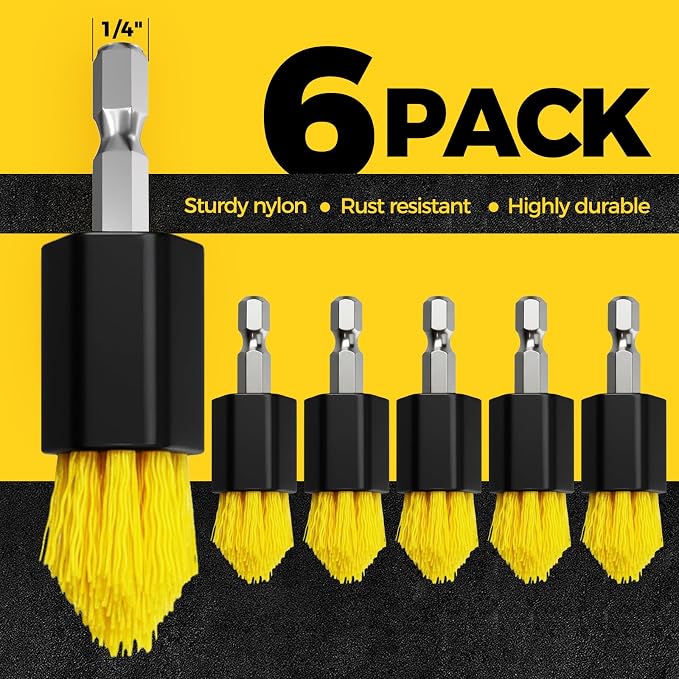 Holikme 6pcs Drill Brush Set for Home Cleaning - Grout and Tight Spaces | 3/4”W Drill Brush Attachment Set, corner brush, detail brush, grout, tile, shower and tub cleaning