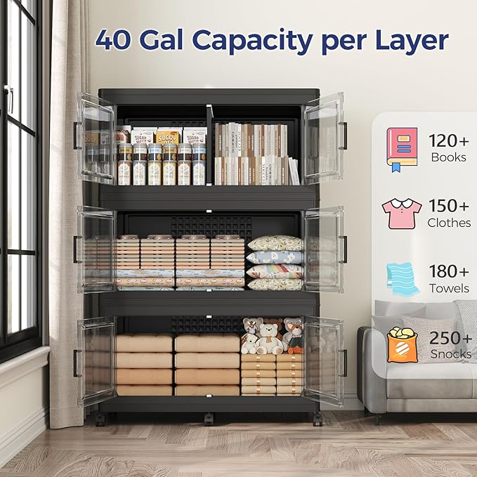 120GAL Extra Large Storage Bins with Lid, 480Qt Stackable Closet Organizers and Drawers, Collapsible Storage Bins with Wheels, Folding Containers for Home, Kitchen Office, 3Pack Black