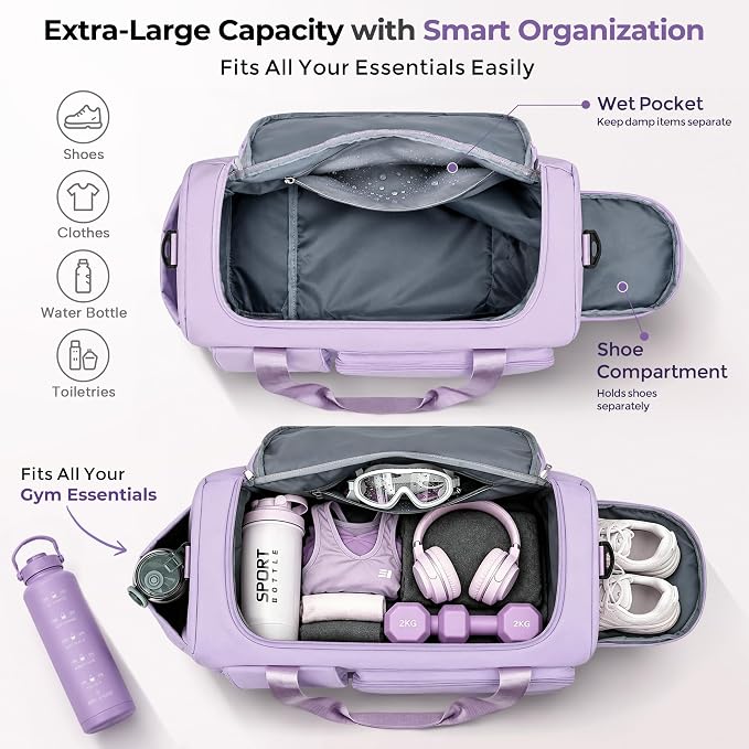 FIORETTO Women's Gym Duffle Bag with Shoes Compartment, 30L Capacity, Ideal for Travel, Gym, Sports, Duffel, Weekender