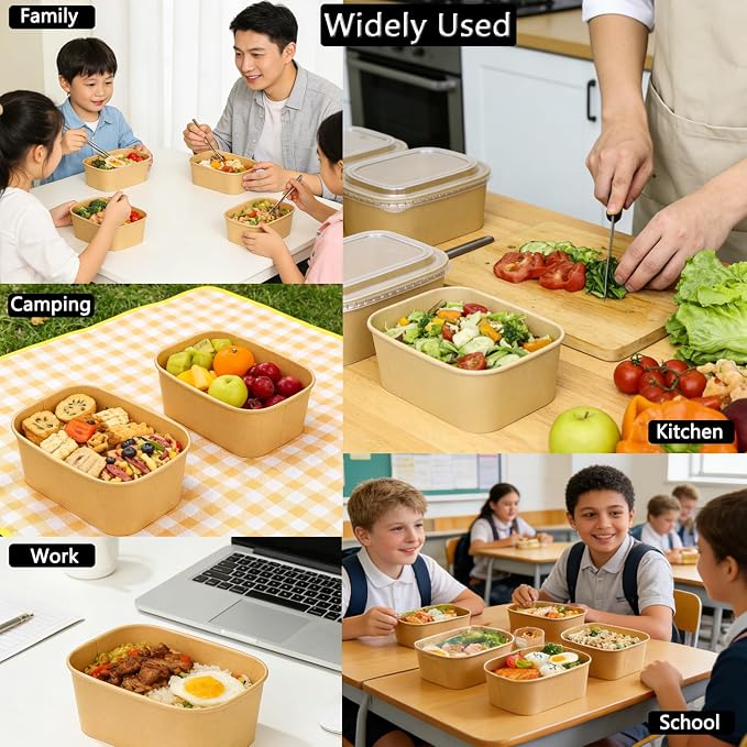 25 Pack 29oz Disposable Kraft Paper Bowls with Lids and Forks, Meal Prep Containers Disposable Soup Serving Bowls Take Out Containers for Party, Microwave Safe for Hot/Cold Food (Rectangular)