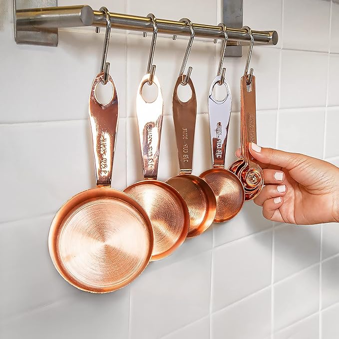 Measuring Cups and Spoons Set of 9, Utensils for Dry and Liquid Ingredients, Copper Kitchen Accessories, Rose Copper Decor for Home, Stackable, Sturdy Stainless Steel (GoldRose)