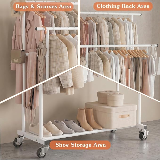 Calmootey Rolling Garment Rack with 2 Rods, Clothes Organizer for Bedroom | High-Low Rods, Two Lockable Wheels, Sturdy Metal Frame, Space-Saving, Fits Laundry, Living Room, White