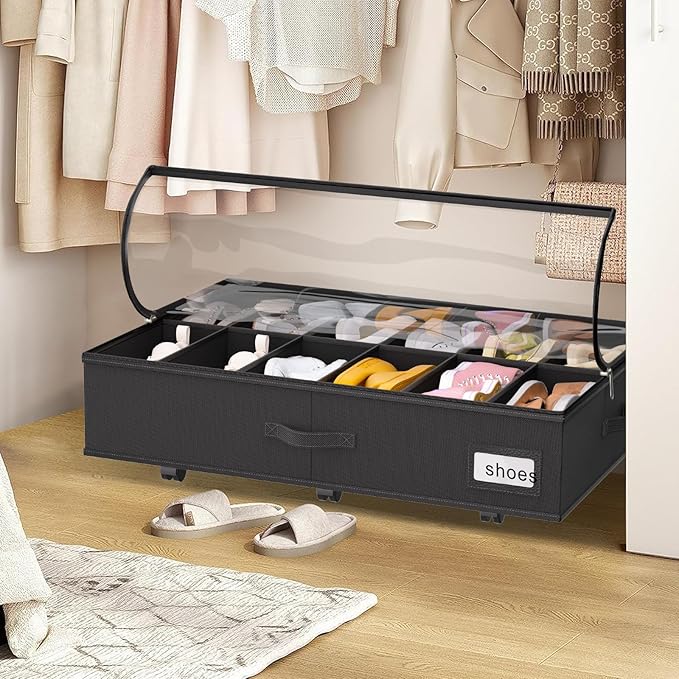 homyfort Under Bed Shoe Storage with Wheels, Fits 24 Pairs, Rolling Shoe Organizer with Bottom Support & Clear Lids, Sturdy Under Bed Storage Box for Shoes, Set of 2, Black