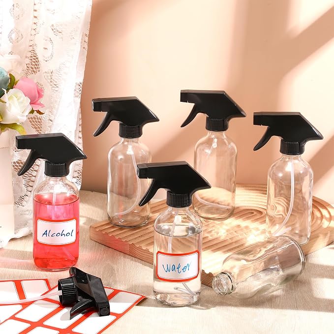 Norme 12 Pcs 8 oz Glass Spray Bottles with Funnels and Labels Refillable Cosmetic Empty Spray Bottles with Sprayer Containers for Essential Oil Cleaning Solutions(Clear,Classic)