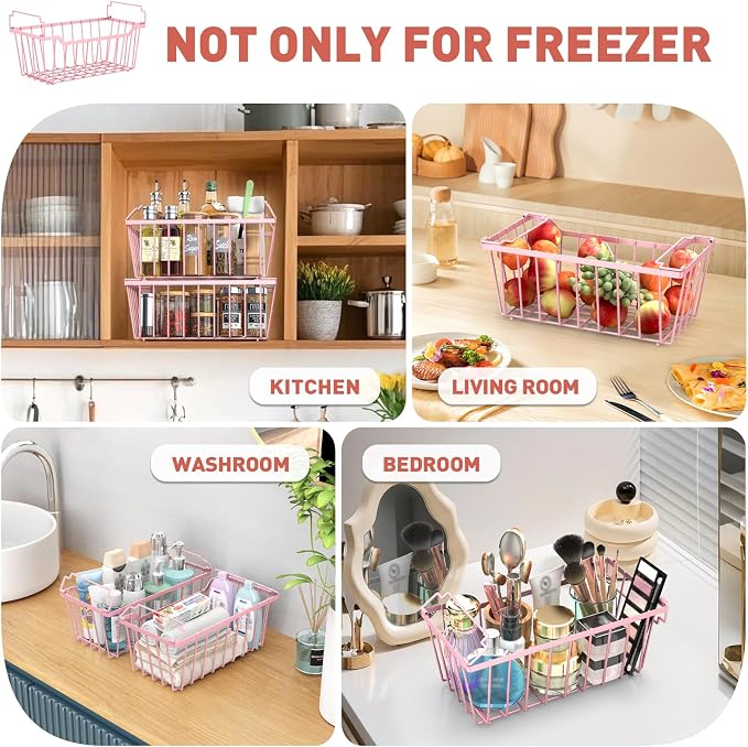 Goovilla Freezer Organizer Bins with Foldable Handle, 8 Pack Stackable Freezer Baskets for 3.5-7 Cu.FT Deep Chest Freezer Organization, Pink Metal Freezer Storage Bins with Better Space Utilization
